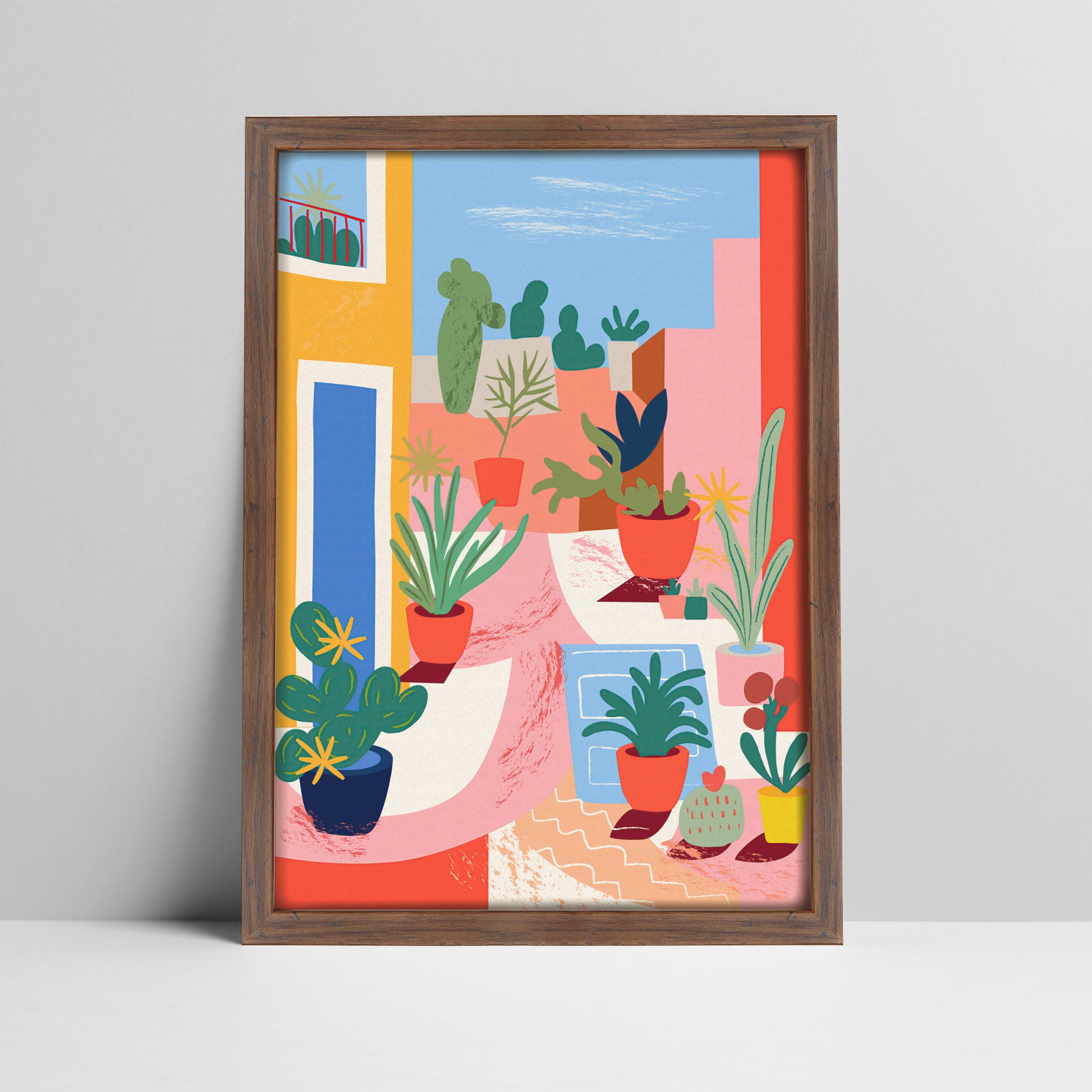 Art print of vibrant terrace with potted plants illustration in a dark wood frame