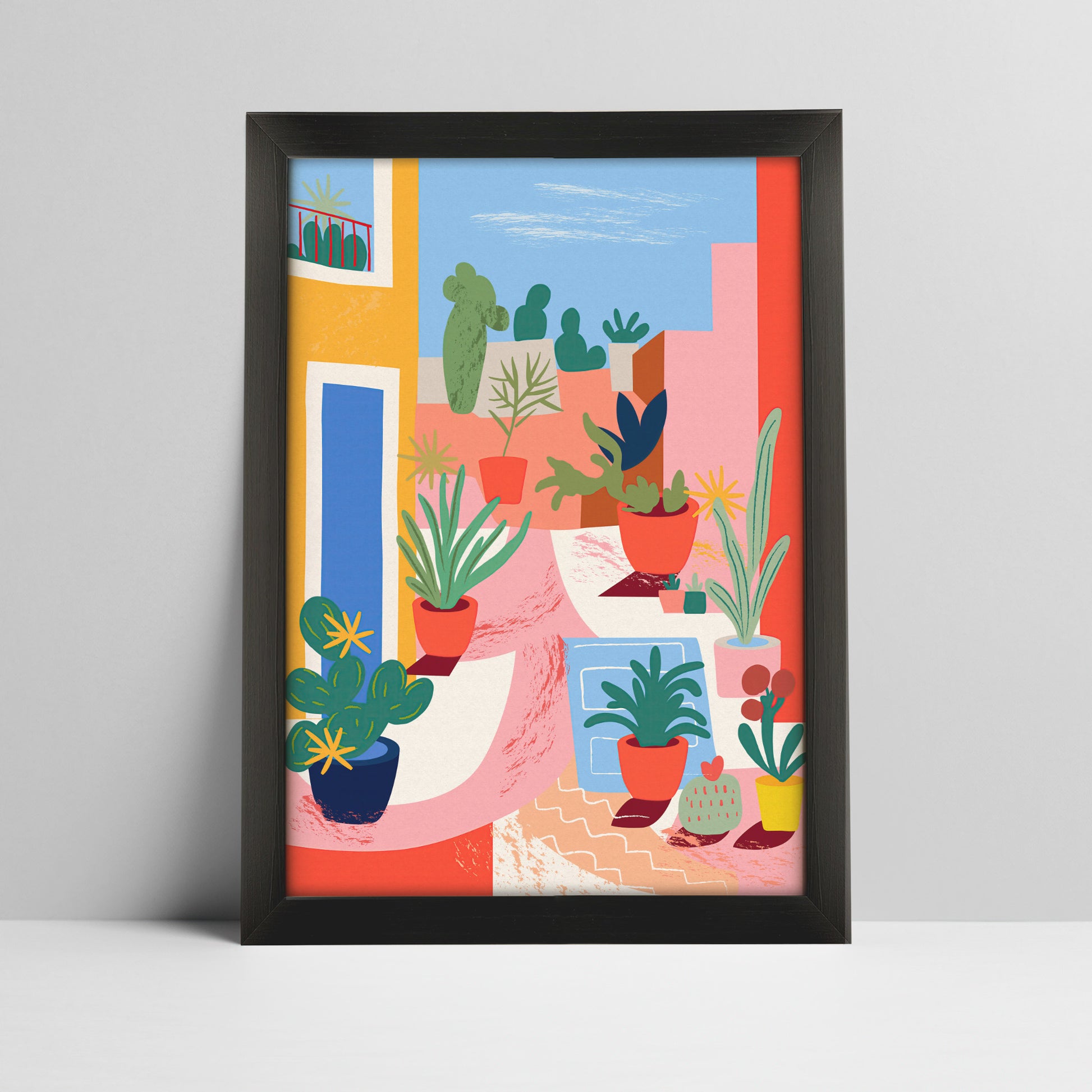 Art print of vibrant terrace with potted plants illustration in a bold black frame