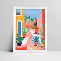 Art print of vibrant terrace with potted plants illustration in a bold white frame
