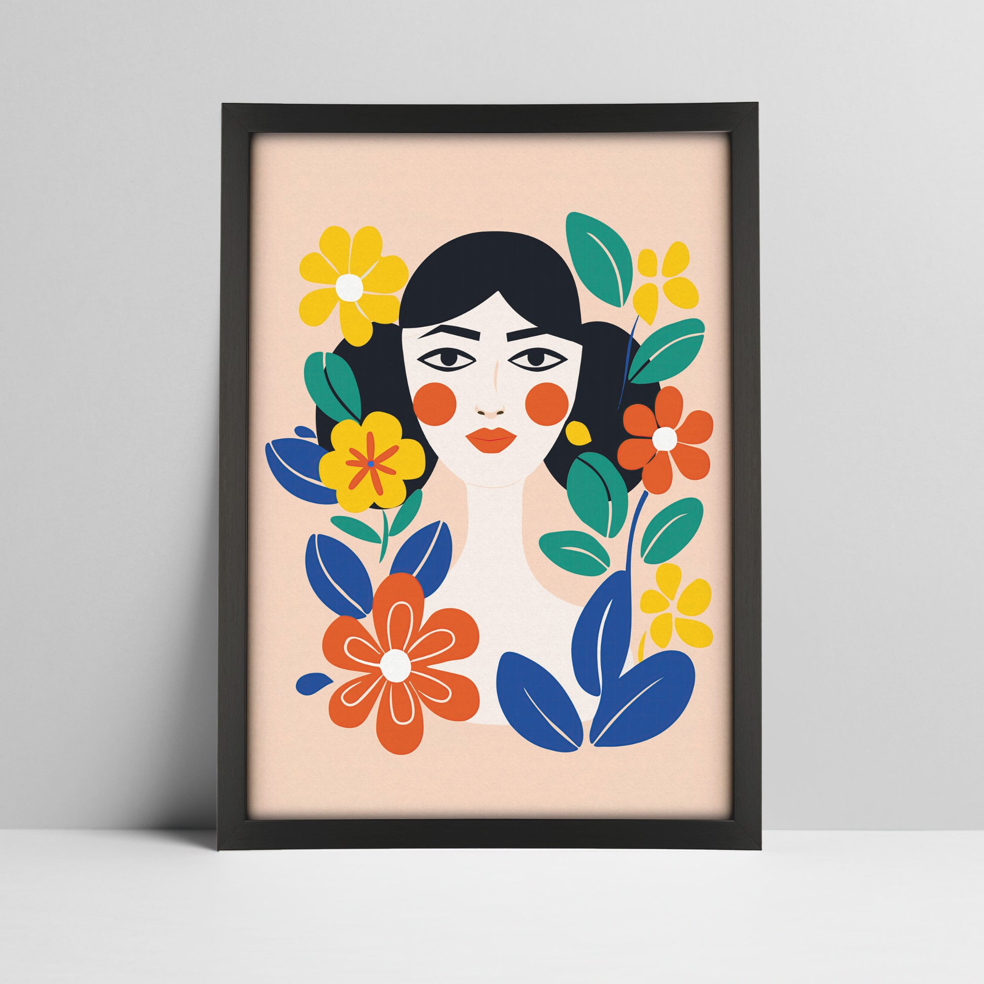 Art print of woman with stylized floral design in a black frame